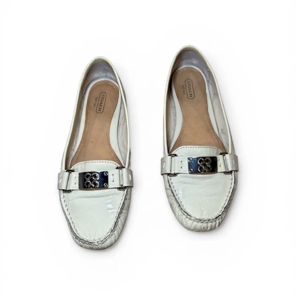 Coach Pierce Crinkle Patent Leather Driving Loafers Off White Woman 9.5